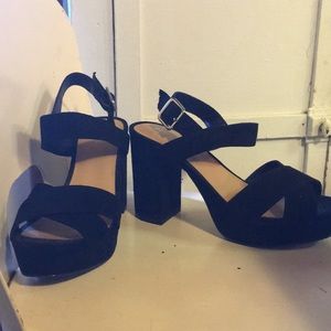 Black faux suede platform block heel sandal